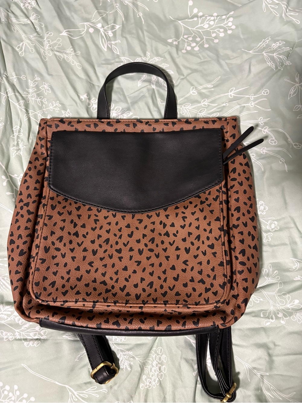 Brown and Black Heart-Print Backpack Purse